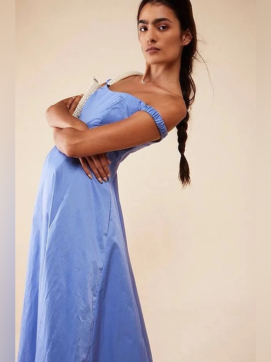 Free People Dresses & Skirts - Free People Alinda Dress in Blue Iris Off the Shoulder Midi Pockets Size 10